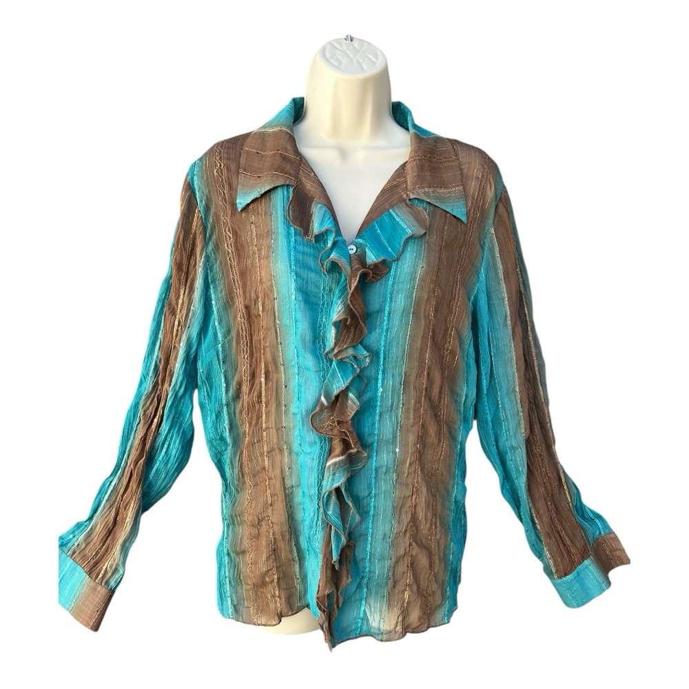 City Girl Vintage‎ 90s Brown Teal Ruffle Striped Semi sheer Blouse Size Medium